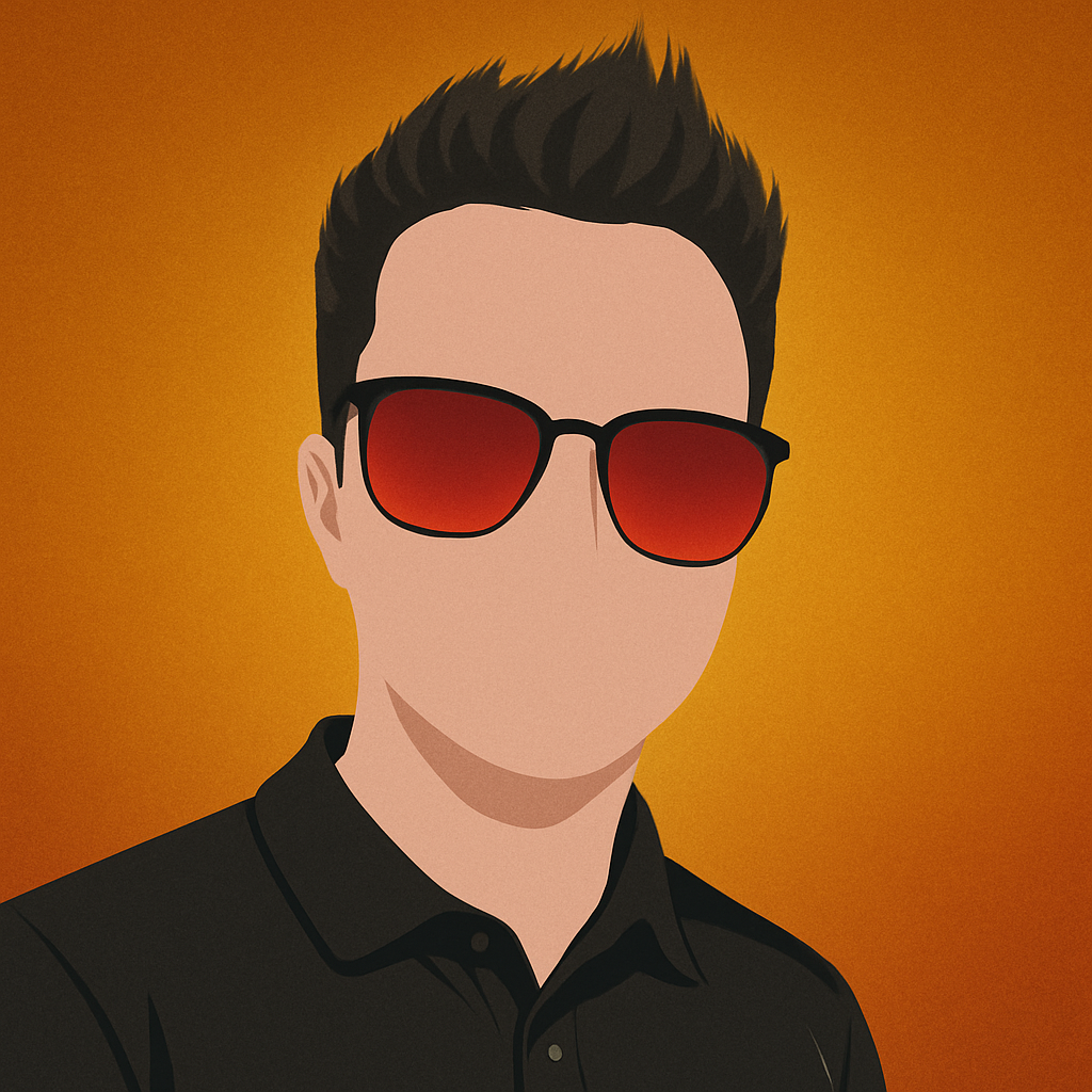 Illustrated portrait of Erick Flores wearing red sunglasses